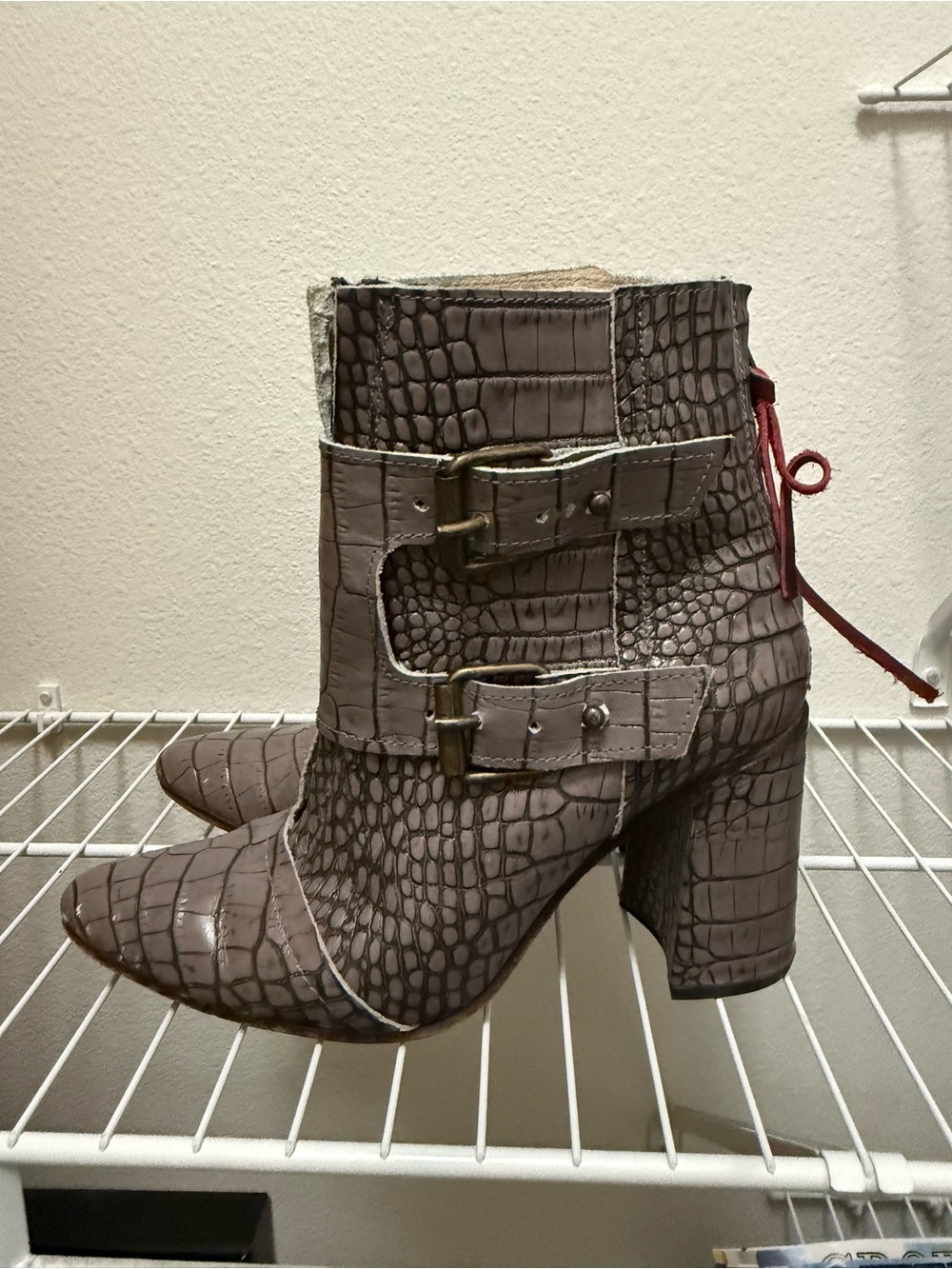 Joey Taupe Croc-Embossed Buckle Ankle Booties with Red Lace